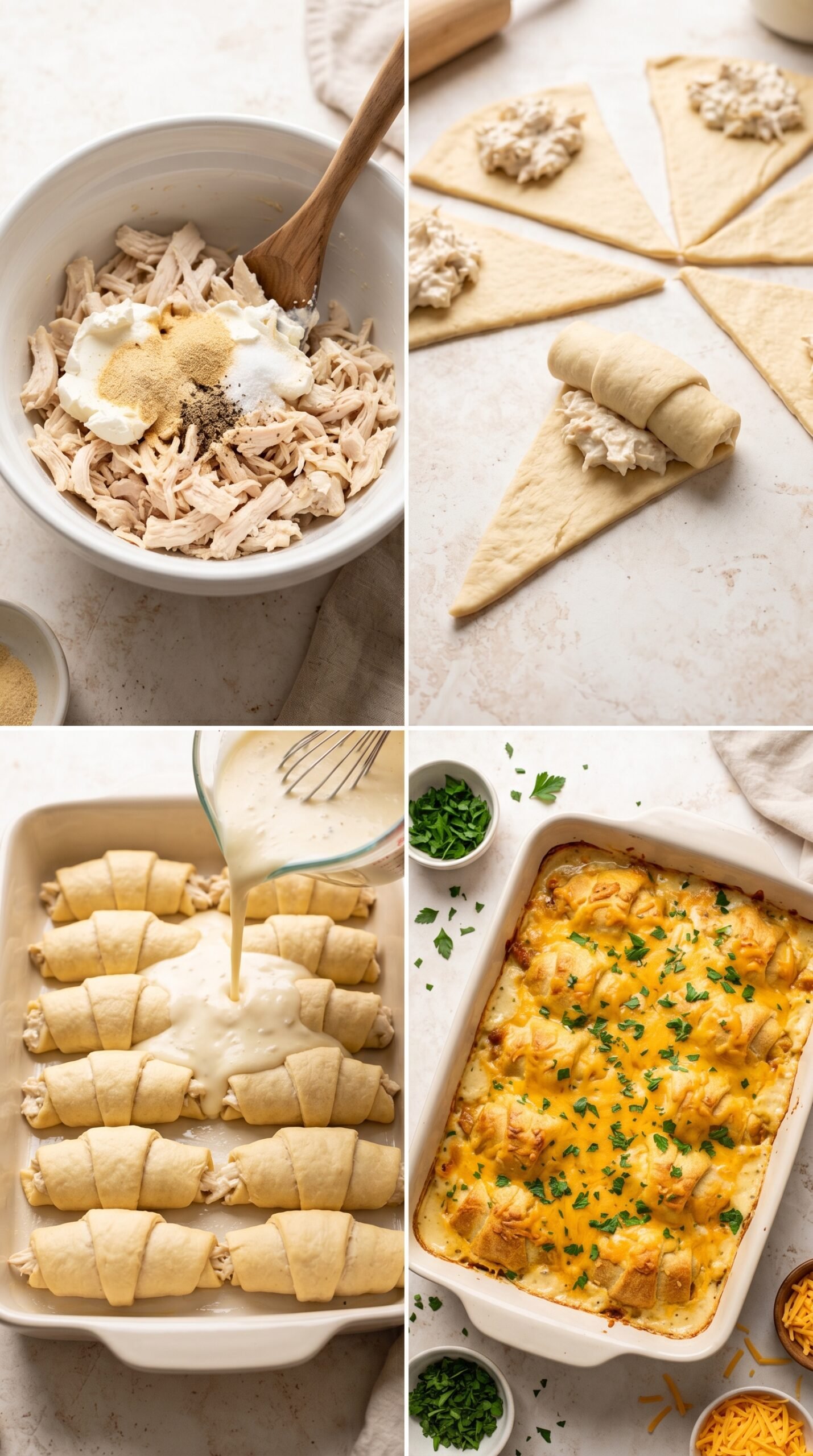 Chicken Crescent Roll Casserole with Creamy Cheddar Filling recipe instructions