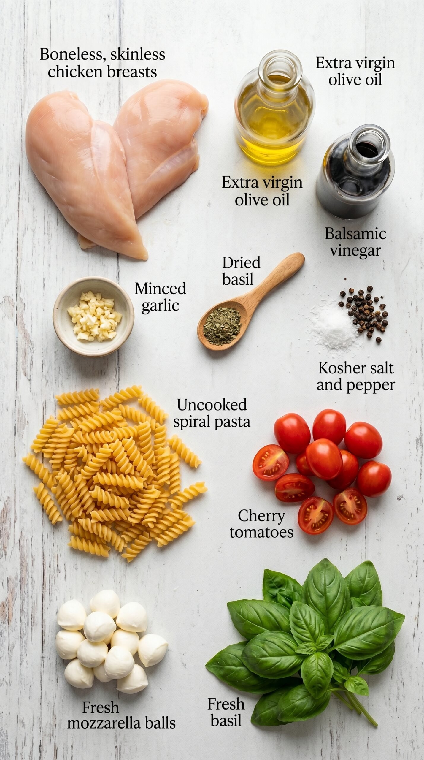 Chicken Caprese Pasta Salad with Grilled Chicken, Mozzarella, and Basil recipe ingredients