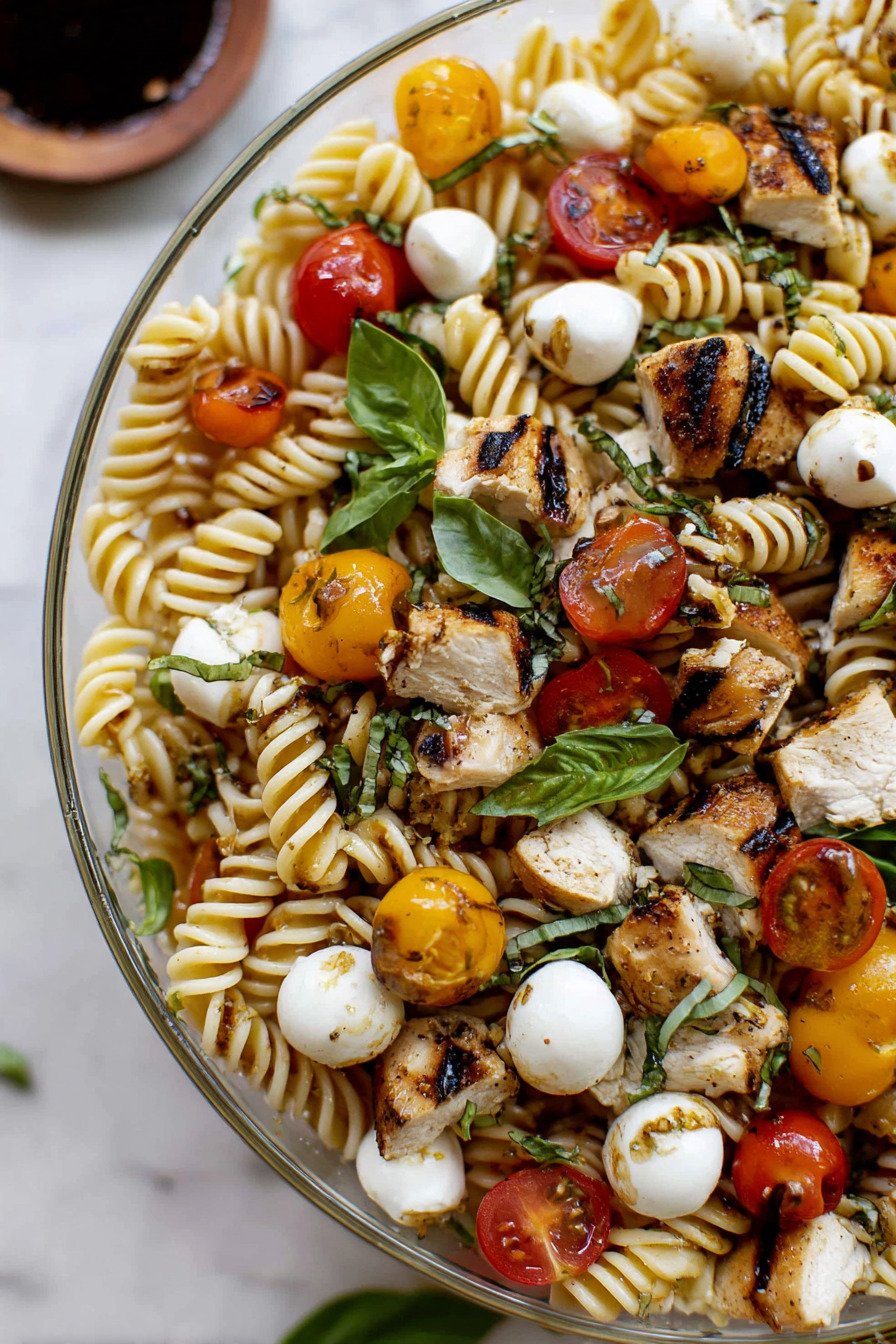 Chicken Caprese Pasta Salad with Grilled Chicken, Mozzarella, and Basil recipe tips