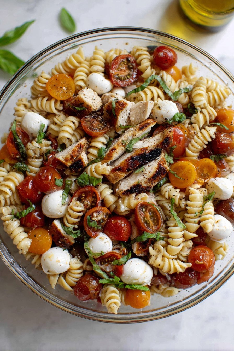 Chicken Caprese Pasta Salad with Grilled Chicken, Mozzarella, and Basil final result
