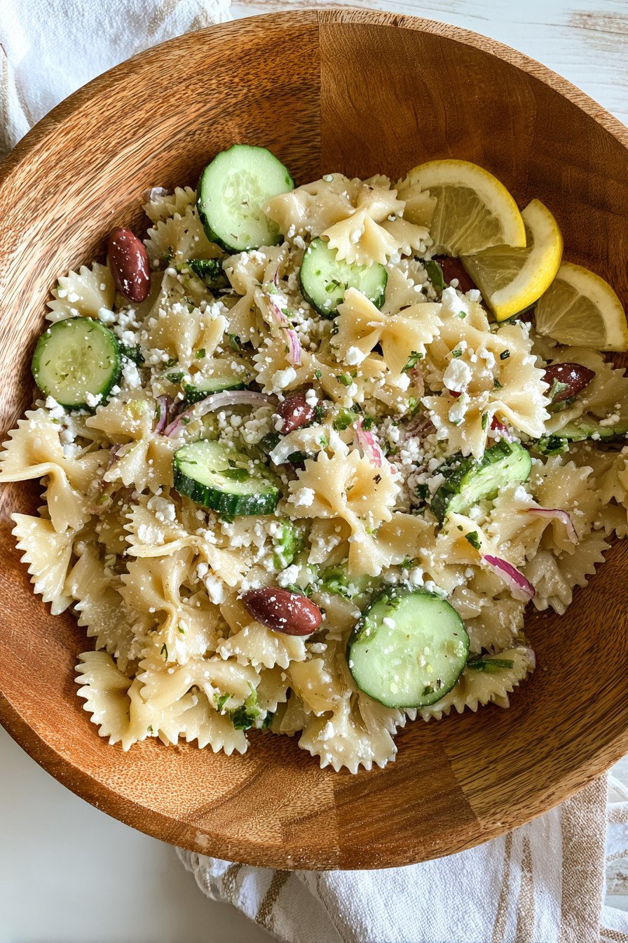 Mediterranean Pasta Salad with Cucumber, Lemon, and Goat Cheese final result