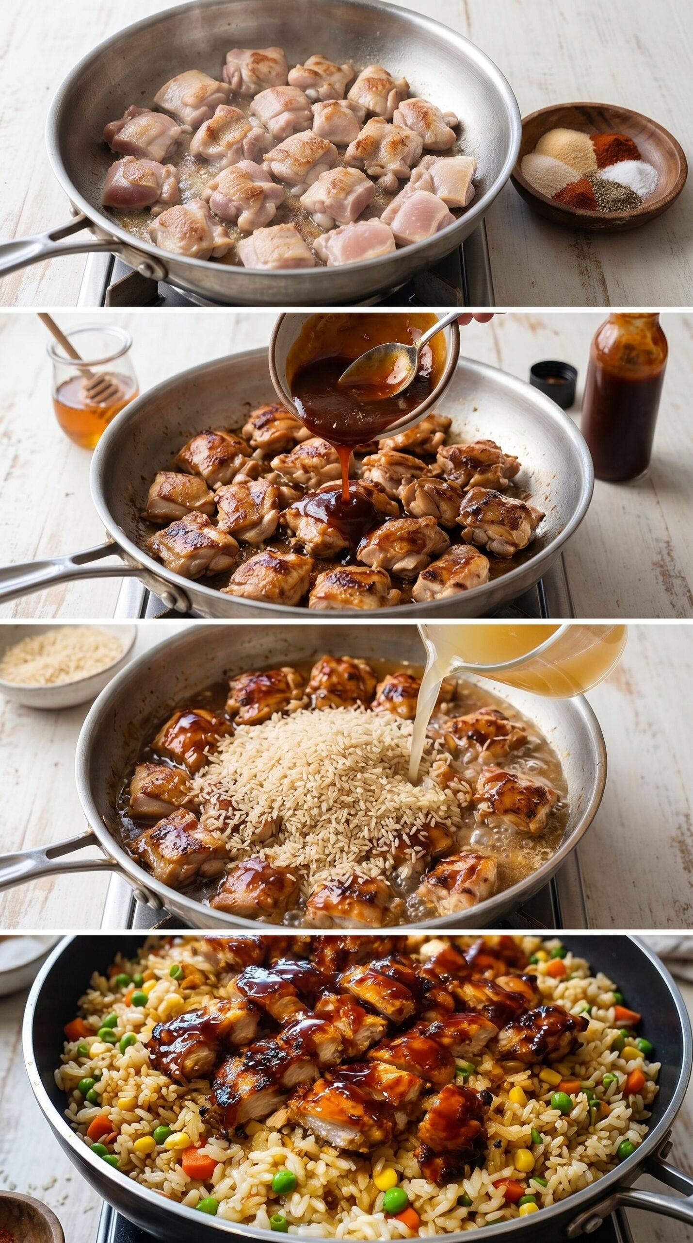 One-Pan Bold Honey BBQ Chicken Rice – Irresistible Comfort Meal recipe instructions